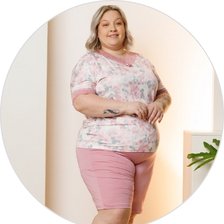 01 pijama curto feminino microfibra rendado de bermuda plus size rosa flor