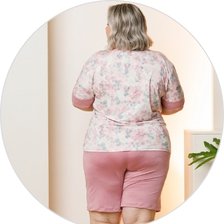 03 pijama curto feminino microfibra rendado de bermuda plus size rosa flor