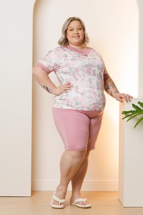 07 pijama curto feminino microfibra rendado de bermuda plus size rosa flor