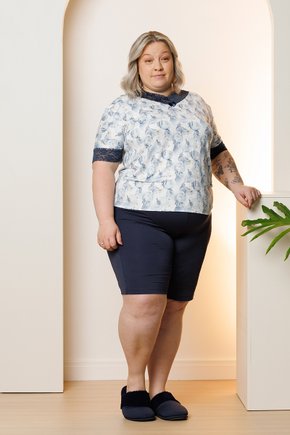 06 pijama curto feminino microfibra rendado de bermuda plus size azul noite