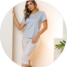 03 pijama curto feminino microfibra de manga com capri azul