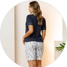 04 pijama curto feminino microfibra botao em renda bermuda azul noite