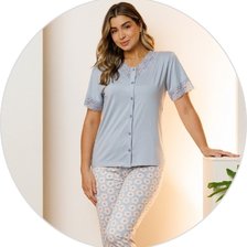 03 pijama curto microfibra capri detalhe botao e renda feminino azul ceu