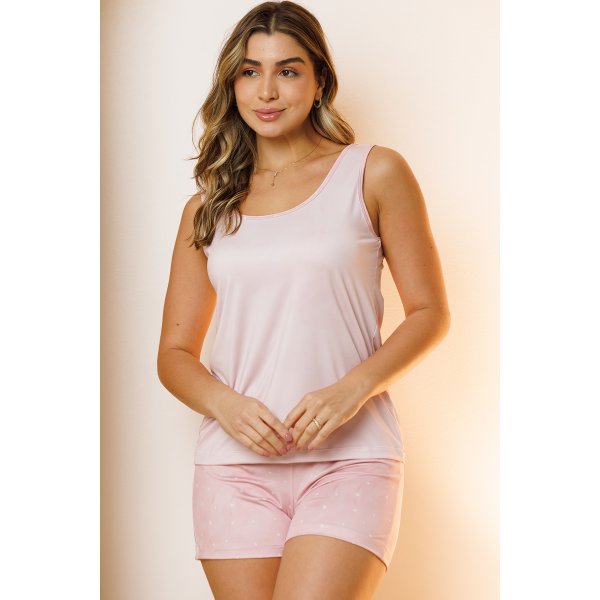 05 pijama curto feminino regata de microfibra estampado rosa poa