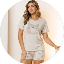 05 pijama curto microfibra feminino verao estampado bege