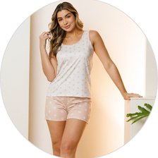 04 pijama curto feminino regata de microfibra estampado bege patinhas