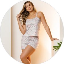 03 pijama curto short doll feminino microfibra de alcinha soltinho estampa delicada