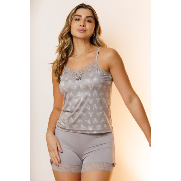 08 pijama curto feminino short doll microfibra de alcinha com regulagem e detalhe em renda cinza
