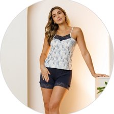 01 pijama curto feminino short doll microfibra de alcinha com regulagem e detalhe em renda azul noite