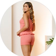 02 pijama curto feminino short doll alcinha canelado detalhe babado verao goiaba