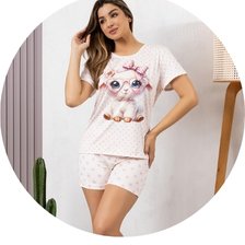 02 pijama curto feminino off microfibra de manga com estampa ovelha