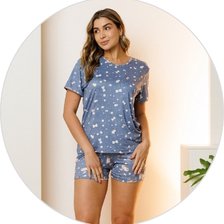01 pijama curto feminino microfibra de manga com shorts azul