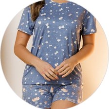 04 pijama curto feminino microfibra de manga com shorts azul