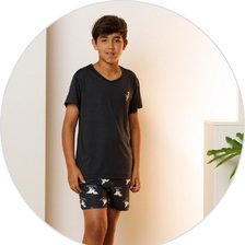 03 pijama curto microfibra infantil masculino preto dinossauro