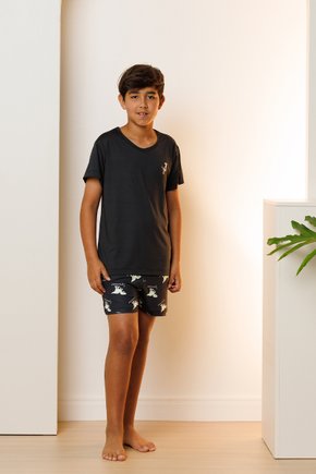06 pijama curto microfibra infantil masculino preto dinossauro