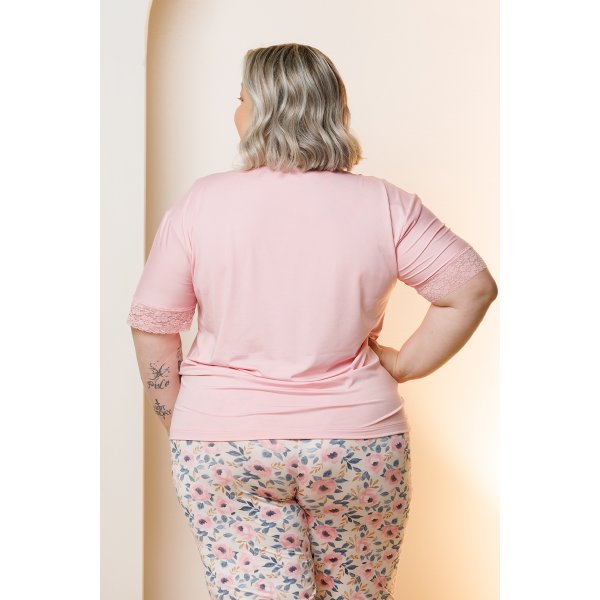 07 pijama curto feminino com renda microfibra capri plus size rosa chantilly