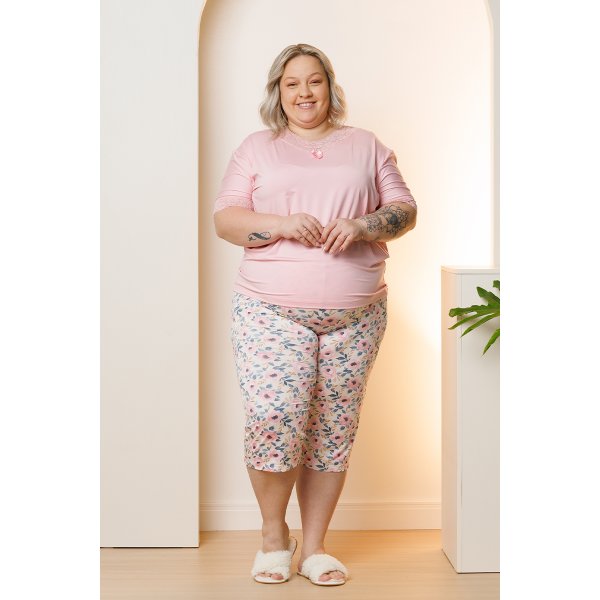 08 pijama curto feminino com renda microfibra capri plus size rosa chantilly