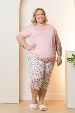 09 pijama curto feminino com renda microfibra capri plus size rosa chantilly