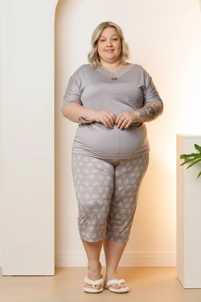 03 pijama curto feminino com renda microfibra capri plus size cinza de coracao