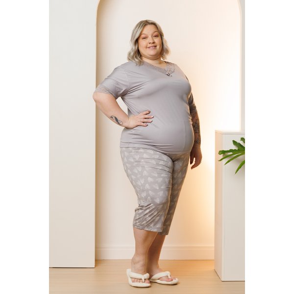 04 pijama curto feminino com renda microfibra capri plus size cinza de coracao