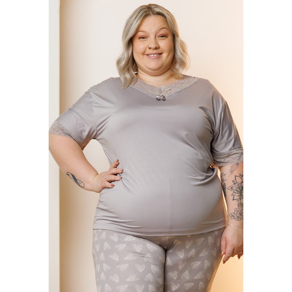 05 pijama curto feminino com renda microfibra capri plus size cinza de coracao