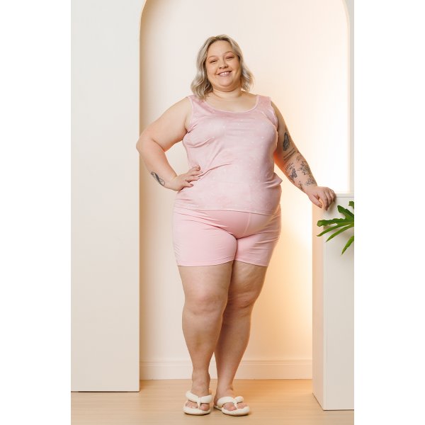08 pijama curto regata shorts microfibra flor plus size rosa de poa
