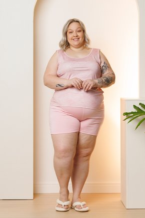 11 pijama curto regata shorts microfibra flor plus size rosa de poa