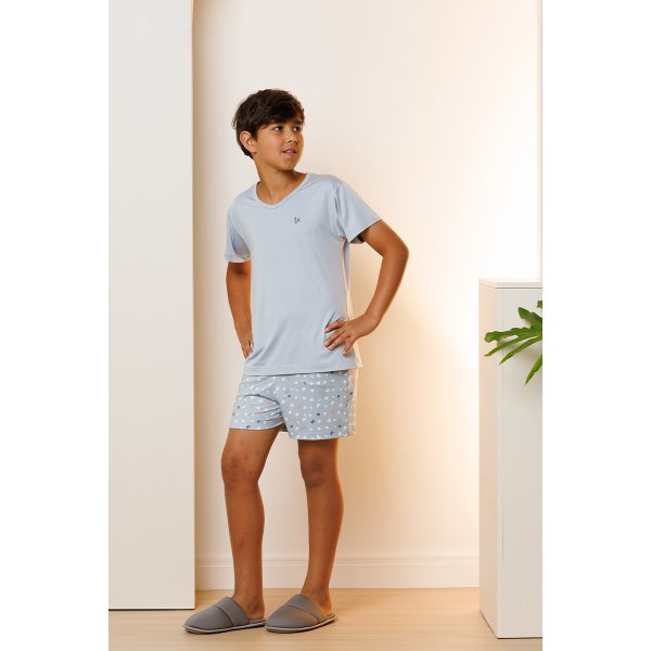 05 pijama curto infantil masculino microfibra azul estonado