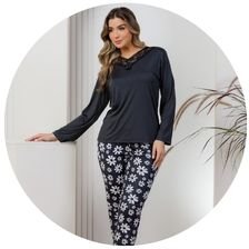 descritivo pijama feminino longo microfibra preto floral flanelado termico fofuxa 2