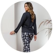 descritivo pijama feminino longo microfibra preto floral flanelado termico fofuxa 4