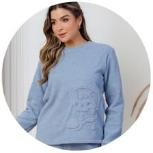 descritivo pijama plush boucle feminino azul inverno bordado boneco de neve 4