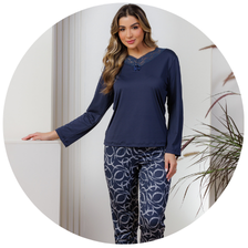 descritivo pijama longo microfibra feminino inverno com renda azul marinho 4
