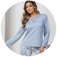 descritivo pijama longo microfibra feminino inverno com renda azul claro floral 2