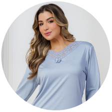 descritivo pijama longo microfibra feminino inverno com renda azul claro floral 4