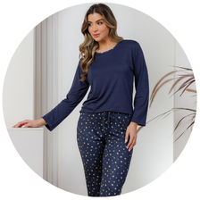 descritivo pijama longo feminino microfibra termico flanelado azul marinho estrelas 1