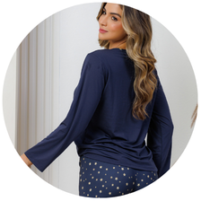 descritivo pijama longo feminino microfibra termico flanelado azul marinho estrelas 4