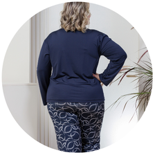 descritivo pijama longo rendado feminino plus size microfibra azul estampa 1