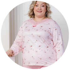 descritivo pijama longo plus size feminino microfibra sofisticado detalhe renda rosa floral 3