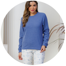 descritivo pijama plush feminino longo azul calca estampada 1