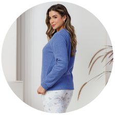 descritivo pijama plush feminino longo azul calca estampada 4