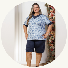 descritivo pijama curto feminino microfibra rendado de bermuda plus size azul 1