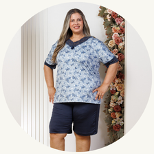 descritivo pijama curto feminino microfibra rendado de bermuda plus size azul 2